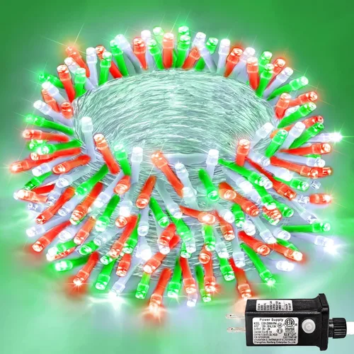 Vista 28 de Guirnalda de 120 luces LED rojas impermeables para exteriores, luces de Navidad rojas de 40 pies, 8 modos, cable transparente, guirnalda de luces