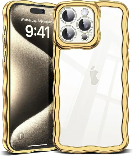 Vista 127 de SKYLMW Funda compatible con iPhone 12 Pro, diseño de ondas rizadas kawaii, borde chapado de lujo, elegante parte trasera transparente brillante, TPU