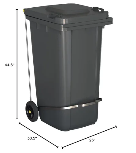 Vista 6 de Juego de 4 cubos de basura rectangulares con ruedas grises de 64 galones con tapa y accesorio para colocar