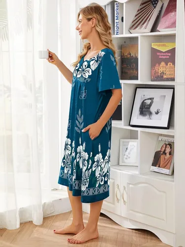 Vista 4 de Vestido de casa con bolsillos para mujer, camisón, vestido de manga corta de descanso, disponible en tallas S-3XL