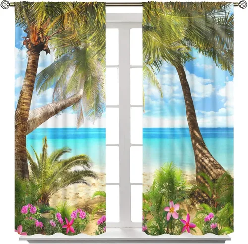 Vista 8 de Cortinas de playa con estampado de plantas tropicales y árboles de coco, paisaje natural, con bolsillo para barra, 2 paneles, decoración