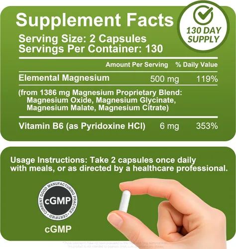 Vista 2 de Suplementos de complejo de glicinato de magnesio, 260 cápsulas (130 porciones) 500 mg de glicinato de magnesio, citrato, malato y óxido Alta