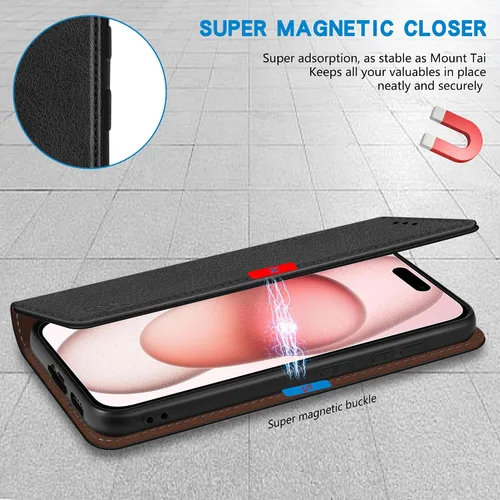Vista 2 de ZZXX Funda tipo cartera para iPhone 15 con bloqueo RFID, soporte de ranura para tarjetas, funda protectora de cuero magnético fuerte plegable