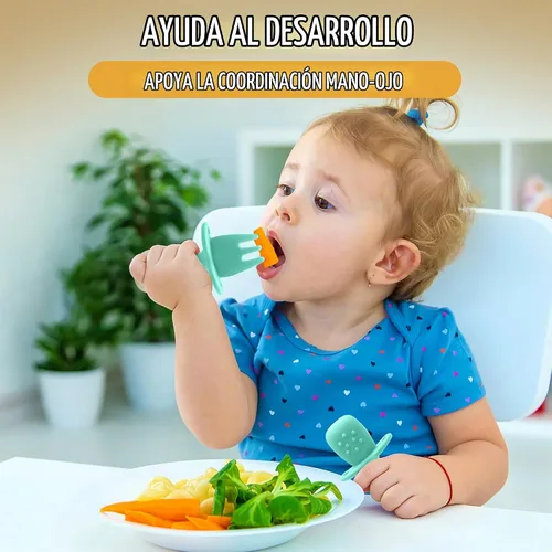 Vista 7 de HippoBaby Juego de 4 cucharas de silicona para bebé autoalimentación Utensilios para bebé 6-12 meses - 3 cucharas para bebé - 1 tenedor para bebé