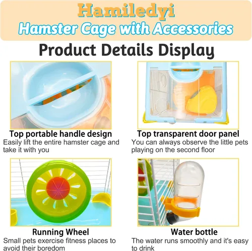 Vista 3 de Hamiledyi Jaula portátil para hámster de 2 niveles, hábitat de hámster enano, jaula de viaje para animales pequeños con rueda de ejercicio, recinto
