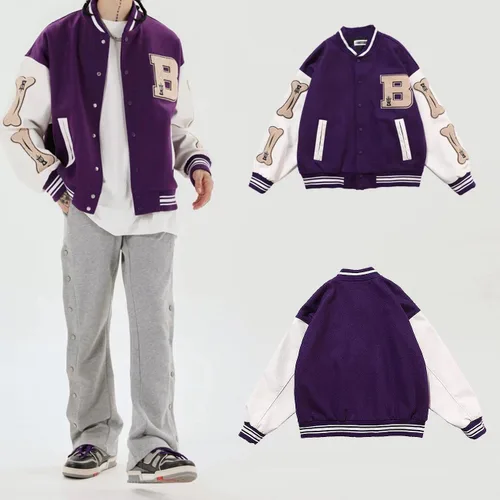 Vista 2 de babyhealthy Chaqueta universitaria para hombre, chaqueta universitaria de cuero cosido, unisex, ropa de calle, abrigos vintage con parche