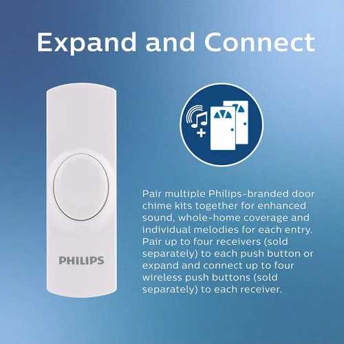 Vista 5 de Philips Kit de timbre inalámbrico, receptor enchufable, 1 botón, 2 melodías, 4 niveles de volumen, rango de 150 pies, blanco, DES2120W/27