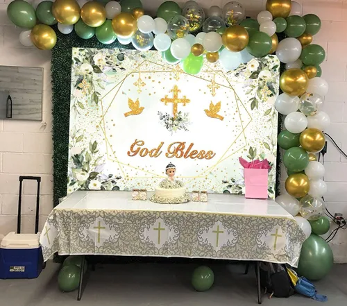 Vista 4 de Fondo verde y dorado para bautizo, decoración de fiesta de primera comunión, fondo de fotografía de bautizo, 7 x 5 pies (82 x 59 pulgadas)