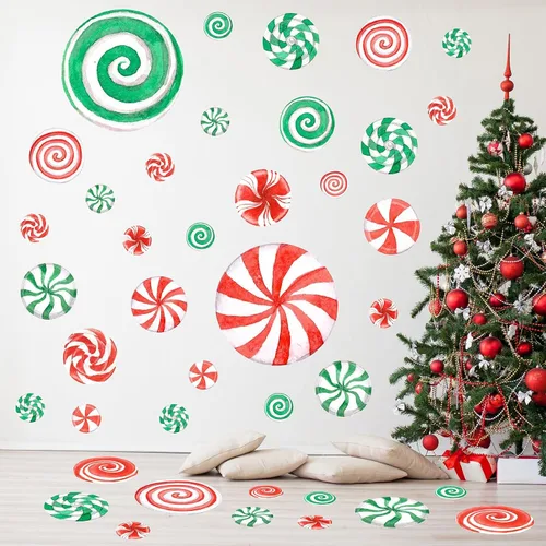 Vista 9 de 77 PCS Calcomanías de Pared de Dulces de Navidad Decoraciones Calcomanías de Pared de Navidad Calcomanías de Piso de Caramelo de Menta para Rojo