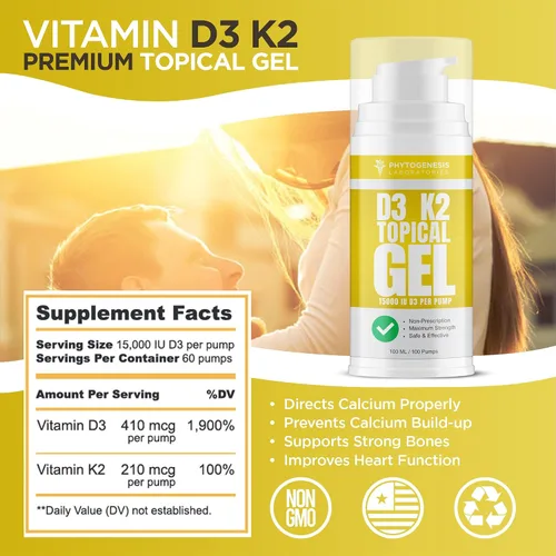 Vista 5 de Vitamina d3 k2 Gel tópico de máxima fuerza, más de 15000 UI por bomba, la vitamina del sol, apoyo inmunológico, óseo y articular