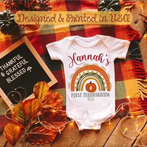 Vista 3 de Disfraz personalizado de Acción de Gracias para bebé niño mamelucos personalizados para recién nacidos con pavo y calabaza para bebés niñas mi