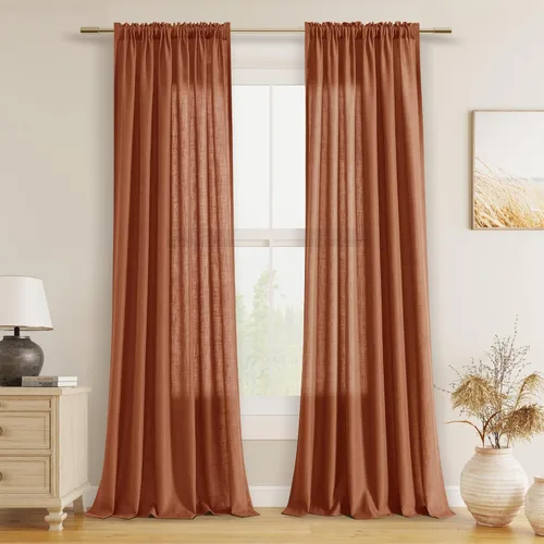 Vista 95 de Cortinas de lino verde aguamarina de 84 pulgadas de largo, juego de 2 paneles semitransparentes con bolsillo para barra para comedor, decoración