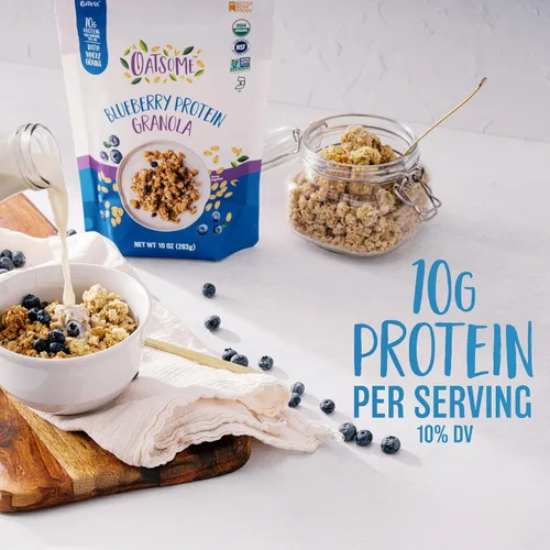 Vista 3 de Oatsome Granola de Proteína de Arándanos, 10g de Proteína, Sin Gluten, Hecha con Avena Orgánica de Grano Entero, Arándanos Reales y Semillas