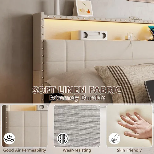 Vista 8 de Forestell Base de cama Queen con 4 cajones y cabecera de almacenamiento, base de cama tapizada tamaño Queen con luces LED y estación de carga Beige