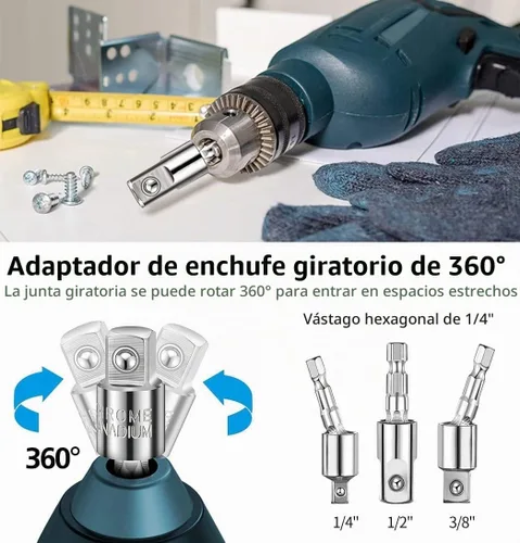 Vista 5 de Juego de 32 piezas de extensión de broca flexible, enchufe de junta giratoria de 1/4, 3/8, 1/2 pulgada, adaptador de enchufe hexagonal, taladro