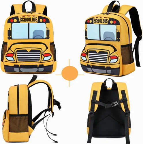 Vista 3 de Mochila infantil para niños y niñas, bolsas de preescolar 3D de dibujos animados para guardería, amarillo, (Yellow Bus), Mochila para niños pequeños