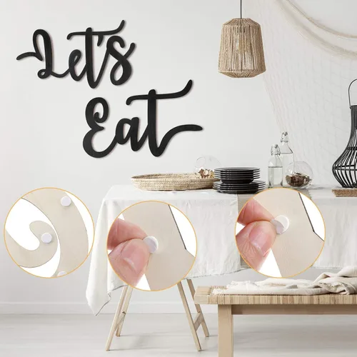 Vista 4 de Jetec 2 piezas Letrero para comer Signo de madera para decoración de pared de cocina Rústico Letreros cortados para comer Placa colgante de pared