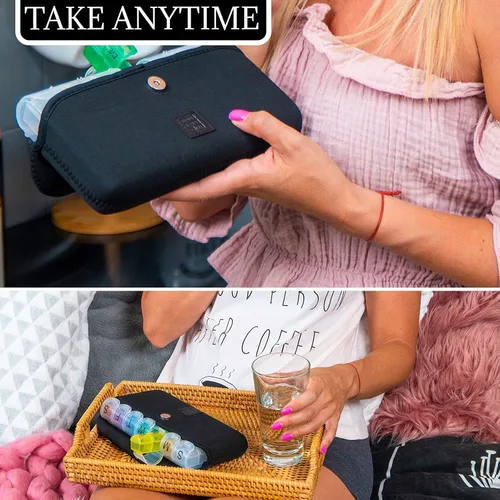 Vista 4 de Made Easy Kit Pastillero grande para 7 días/28 compartimentos en neopreno con pastillero de almacenamiento diario en la mañana, mediodía, víspera