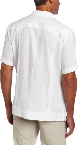 Vista 2 de Cubavera Camisa guayabera de manga corta con botones para hombre, 100% lino, cuatro bolsillos, cuello de campamento, detalle de pintuck, ligera