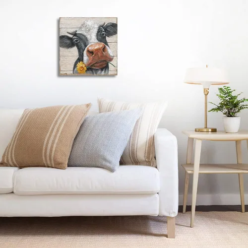 Vista 7 de Cuadros rústicos de vaca para decoración de pared: lienzo de vaca de granja, arte de pared, vaca de granja con girasol en panel de madera, póster