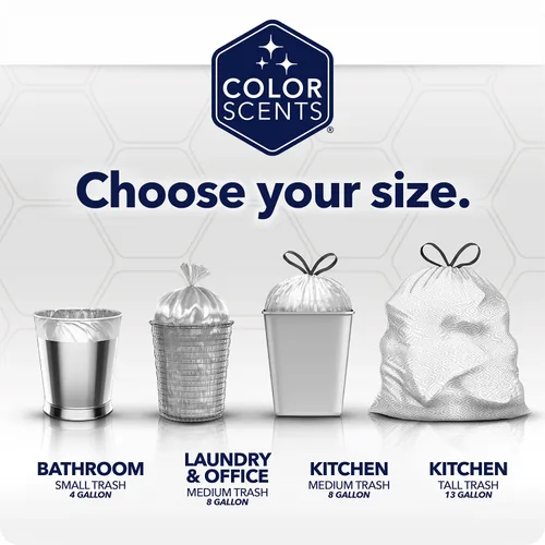Vista 5 de Color Scents Bolsas de basura altas para cocina, 13 galones, 100 bolsas (1 paquete de 100 unidades), cordón - Bolsa blanca en lavanda + aroma a