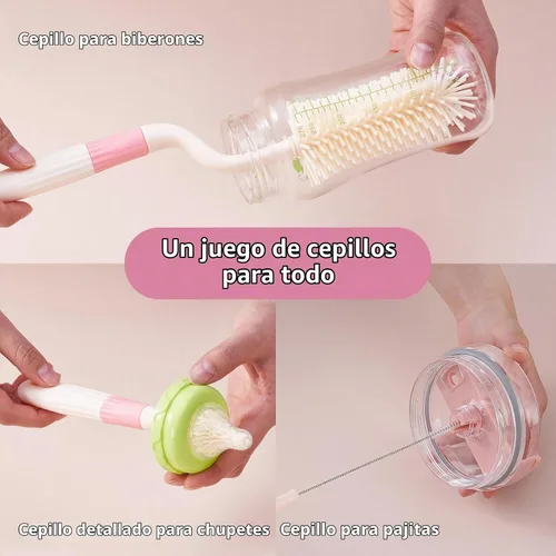 Vista 2 de Juego de cepillos de silicona 3 en 1 para botellas de bebé, limpiador multiusos de botellas, cepillo para botellas con soporte de almacenamiento