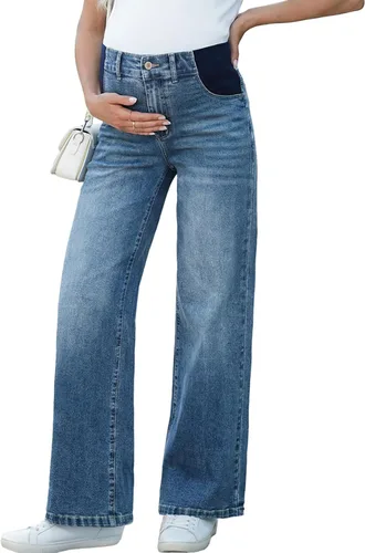 Vista 11 de BLENCOT Vaqueros de maternidad para mujer de cintura alta con pierna recta, pantalones de embarazo de mezclilla con bolsillos