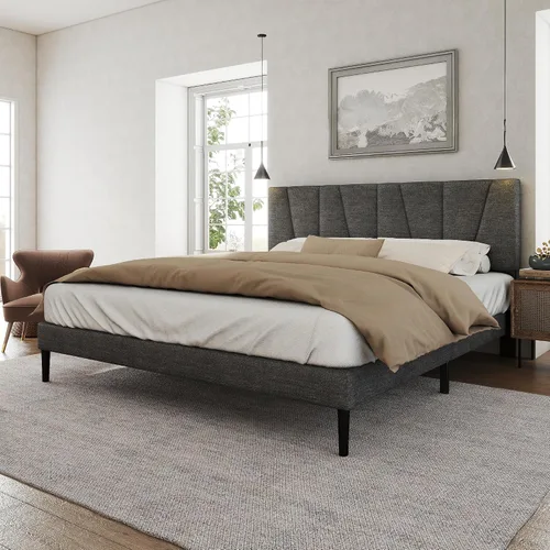 Vista 13 de HAOARA Marco de cama tamaño completo con cabecera tapizada en tela, cama plataforma con soporte de listones de madera, base de colchón completa