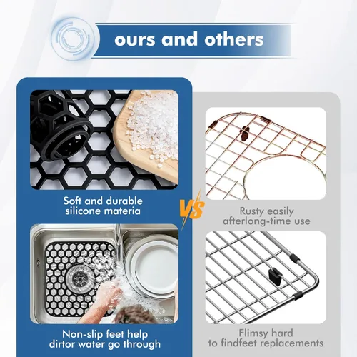 Vista 5 de Bestjing Paquete de 2 protectores de silicona para fregadero de cocina, accesorio de rejilla de cocina de 12 x 11 pulgadas, tapete antideslizante