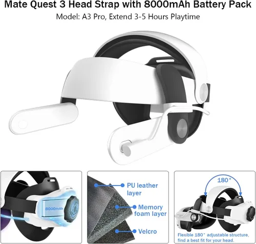 Vista 5 de Battery Head Strap Compatible with Meta Quest 3, Extend Playtime and Enhance Immersion Comfort, Quest 3 Elite Strap with Battery VR Headset - 8000mAh