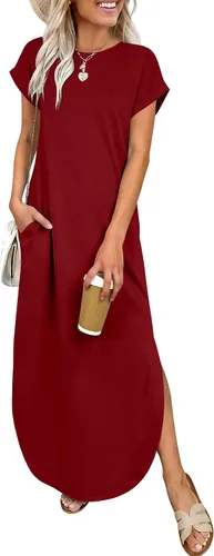Vista 18 de ANRABESS Vestido largo de verano para mujer, casual, manga corta, suelto, dividido, sin arrugas, playa, vacaciones, vestido largo con bolsillos