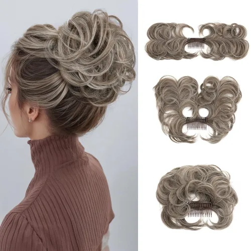 Vista 17 de Peine de moño desordenado con clip lateral para mujer, corto, natural, lacio, versátil, ajustable, fácil de peinar, (rubio ceniza-C)