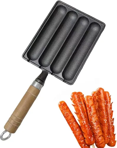 Vista 3 de Sartén para salchichas, Sartén de salchicha de hierro fundido, Bandeja antiadherente para hornear con mango de madera antiescaldado, sartén