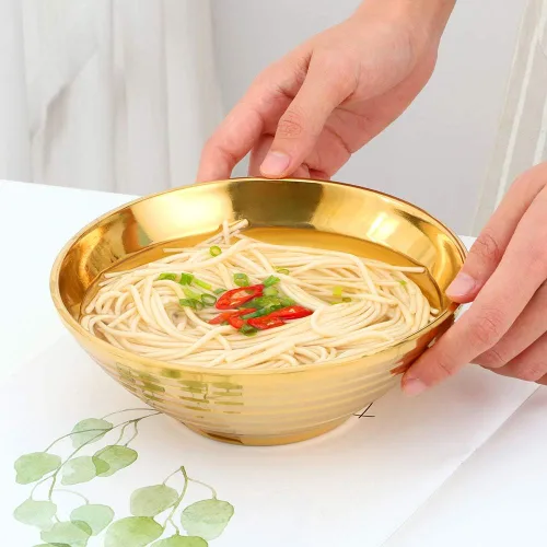 Vista 5 de Juego de tazones de sopa de fideos japoneses para ramen, 2 juegos (7.09 pulgadas) dorado de doble capa de acero inoxidable 18/8 con palillos y Oro