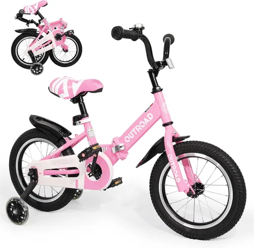 Vista 13 de Betterland Bicicleta plegable para niños, bicicleta para niños de 14/16/18 pulgadas con ruedas de entrenamiento y frenos de mano duales, bicicleta
