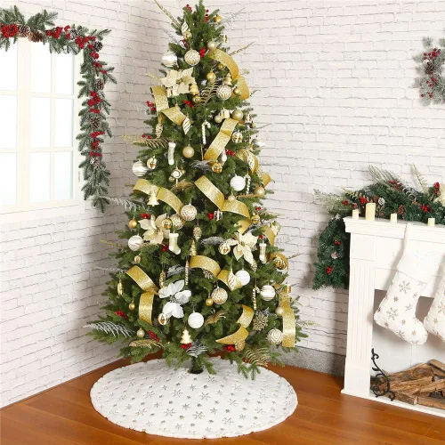 Vista 5 de Sattiyrch - Falda de árbol de Navidad con lentejuelas de 48 pulgadas, blanca suave y gruesa con decoraciones de copos de nieve dorados para árbol
