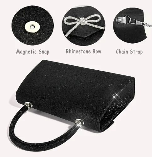 Vista 5 de Bolso de noche para mujer, con lazo brillante, bolso de mano para boda, fiesta, monederos con diamantes de imitación con purpurina para cóctel