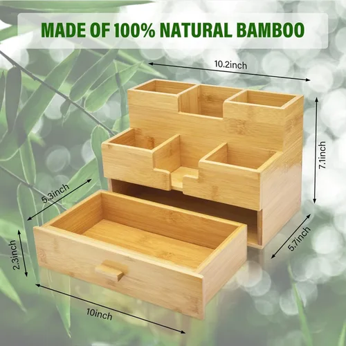 Vista 2 de Organizador de escritorio de bambú Charmlife - Almacenamiento de maquillaje y bolígrafos con cajón y soporte para lápices para la organización