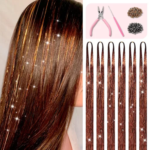 Vista 11 de Kit de oropel para el cabello con herramientas e instrucciones, fácil de usar, 12 colores, 2400 hebras de 48 pulgadas, extensiones de cabello