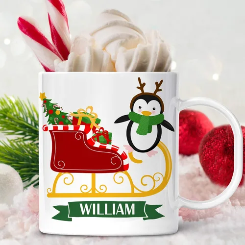 Vista 4 de Taza personalizada de pingüino de Navidad para niños con nombre, polímero ligero