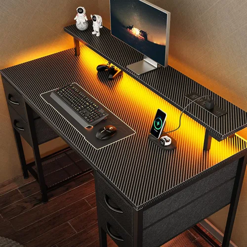 Vista 10 de Huuger Escritorio para computadora de 47 pulgadas con 4 cajones, escritorio para juegos con luces LED y tomas de corriente, escritorio de oficina