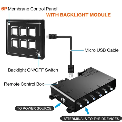 Vista 2 de Panel de interruptor de membrana táctil de 6 bandas con retroiluminación LED Panel de interruptor programable con botón momentáneo con caja