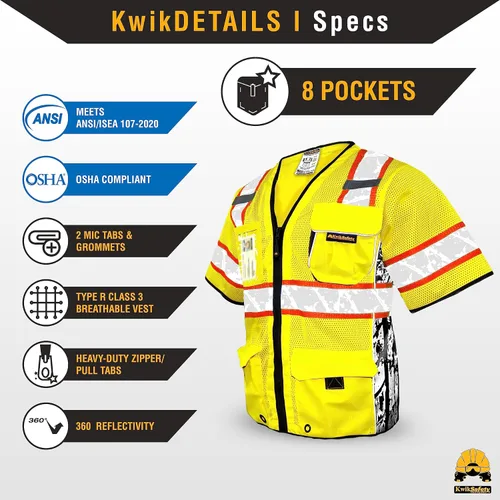 Vista 5 de KwikSafety - Charlotte, NC - Chaleco de seguridad de edición limitada EXECUTIVE HIGHWAYBOSS [8 bolsillos] Equipo de construcción de malla Amarillo