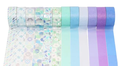 Vista 2 de YUBBAEX - Juego de 12 rollos de cinta Washi azul plateada, cinta adhesiva decorativa (mezcla azul)