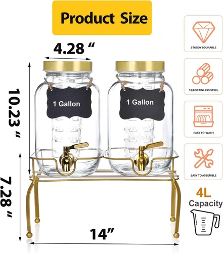 Vista 6 de Juego de 2 dispensadores de bebidas de vidrio de 1 galón – Dispensadores de bebidas para fiestas, dispensador de bebidas con soporte y grifo 100% a