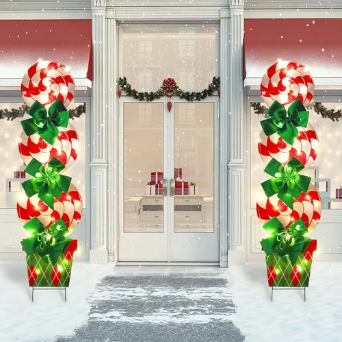 Vista 4 de Skylety 2 juegos de decoraciones navideñas de bastón de caramelo de menta al aire libre con estaca de 112 cm para césped, jardín, poste con luces