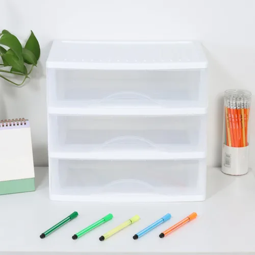 Vista 6 de BYCY Almacenamiento apilable de plástico con 3 cajones, organizador de maquillaje de baño blanco con cajones anchos transparentes, organizador