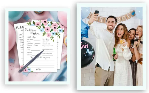 Vista 5 de GENDER REVEAL Tarjetas de predicción y consejos – Paquete de 25 – Juegos de baby shower azules o rosas, nuevos padres, mamá y papá futuros, mensaje
