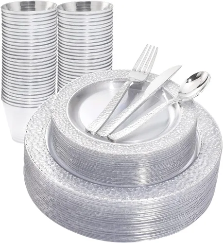 Vista 11 de Ciaell 150 platos de plástico azul y plateado – El plato desechable azul incluye 50 platos, 25 cuchillos, 25 tenedores, 25 cucharas, 25 tazas