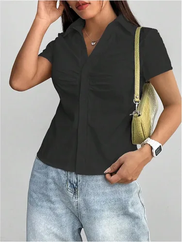 Vista 4 de SweatyRocks - Blusas con botones fruncidos, cuello en V, manga corta, camisas de trabajo para mujer